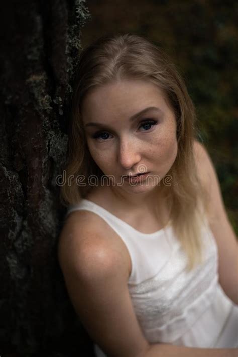 Close Up Portrait Beautiful Young Blonde Woman Forest Nymph In White