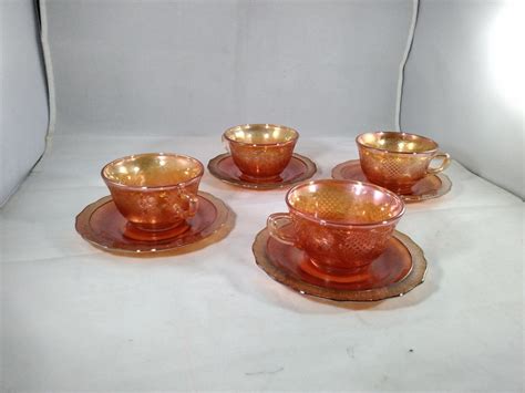 4 Vntg Depression Carnival Glass Iridescent Marigold Normandie Cups And Saucers Ebay