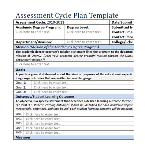 Assessment Plan Template Sample Master Of Template Document