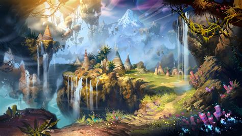 Mountain With Waterfalls Digital Wallpaper Fantasy Art Waterfall