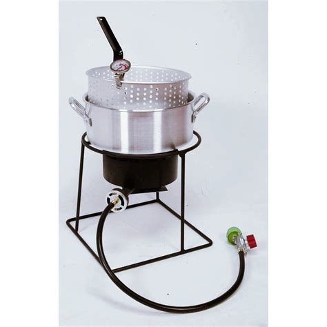 Seafood boiling kit with strainer, outdoor aluminum propane gas boiler steamer with 10 psi regulator, 100,000 btu jet burner. King Kooker Welded Outdoor Fish Fryer Package With 10 ...