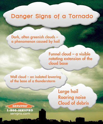 When doppler radar indicates a warning, strong rotation is happening within the storm and a tornado may touch down at. Danger Signs of a Tornado. #SERVPRO #SafetyTip | Signs of ...
