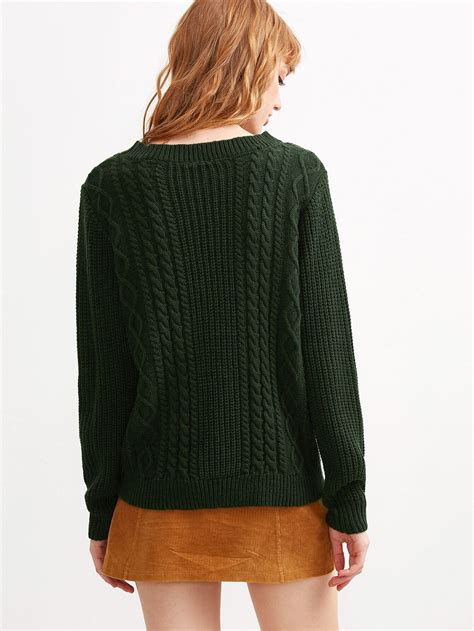 Dark Green Cable Knit Round Neck Sweater Sheinsheinside