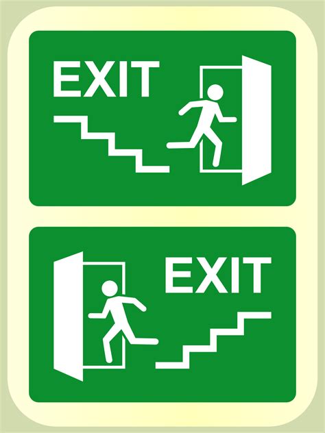 Down And Up Stair Exit Sign Board On Green Colored For Emergency Icon