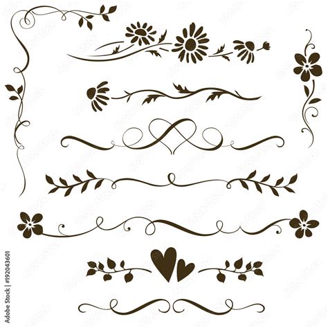 Set Of Calligraphic Floral Elements With Hearts For Wedding Invitation