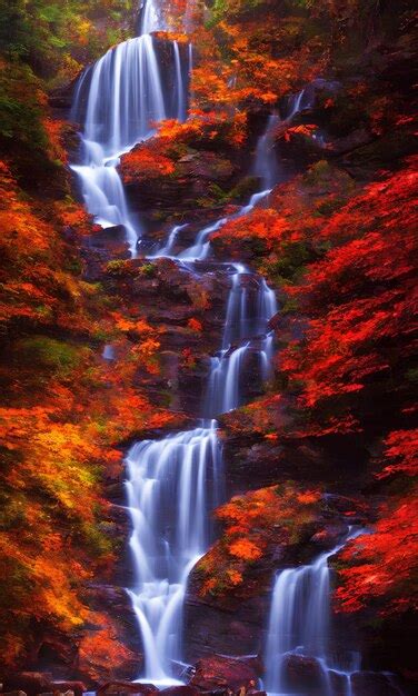 Premium Ai Image A Waterfall In Autumn With Red Leaves