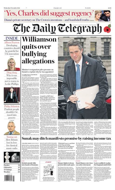 Daily Telegraph Front Page 9th Of November 2022 Tomorrow S Papers Today