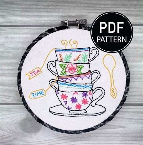 Tea Time Embroidery Pattern Tea Cups Embroidery Pattern Tea Etsy