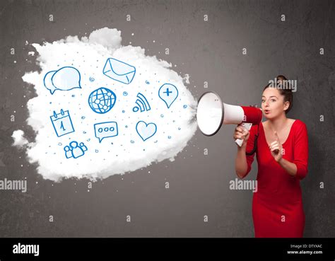 Woman Shouting Into Loudspeaker And Modern Blue Icons And Symbols Come
