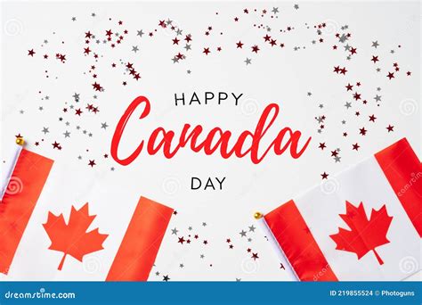 Happy Canada Day Banner Mockup Canadian Flags And Confetti On White Table Stock Photo Image
