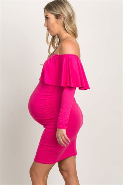 PinkBlush Mauve Ruffle Trim Off Shoulder Fitted Maternity Dress