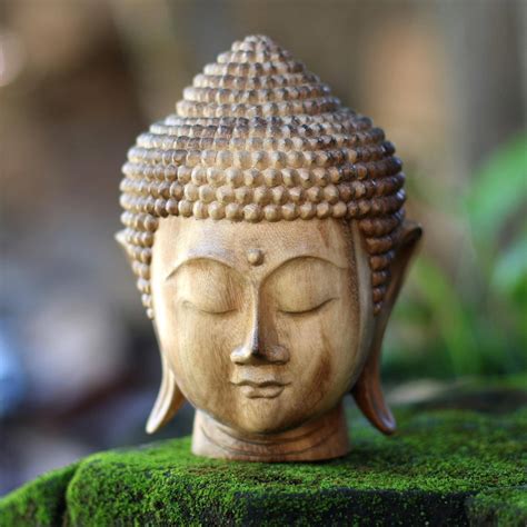 Hand-Carved Suar Wood Buddha Head Sculpture from Bali - Buddha Nature ...