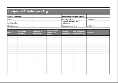 Equipment Maintenance Log Template Word And Excel Templates