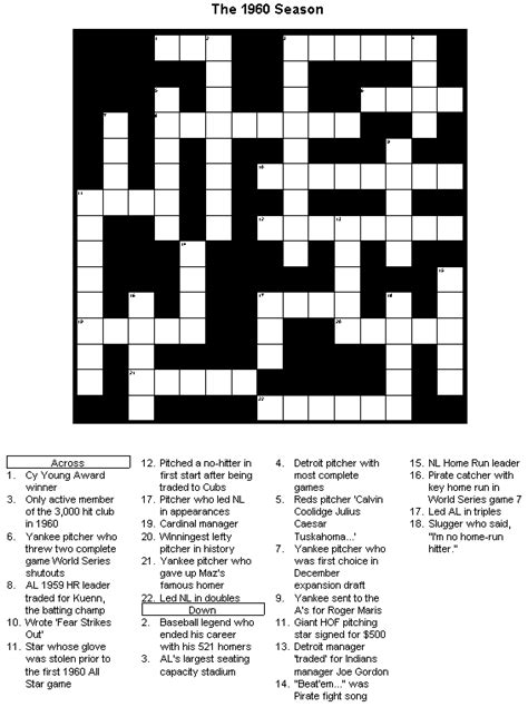 Baseball Crossword Puzzle The 1960 Season Printable Version