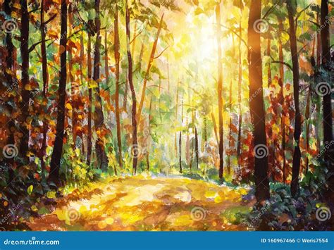 Oil Painting Sunny Autumn Forest Stock Photo Image Of Scenery