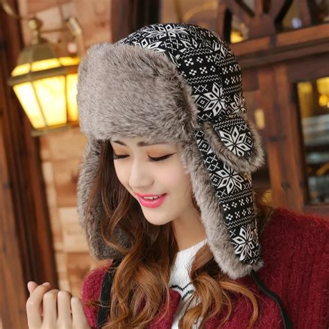 Print Russian Winter Hats Keep Warm Knitting Hat Fashion Fur Earmuff
