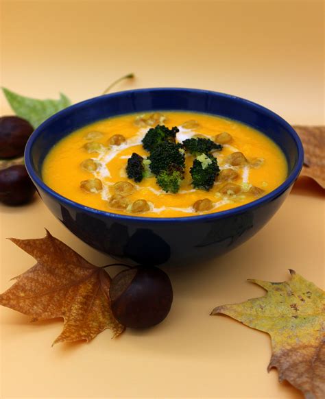 Creamy Vegan Pumpkin Soup With Roasted Chickpeas And Broccoli Bunny