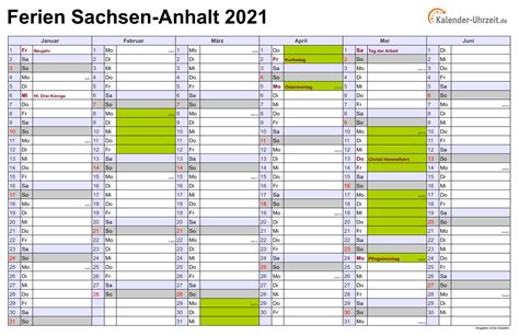 Kostenloser jahreskalender für das jahr 2021 zum ausdrucken (pdf), inklusive brückentage. Ferien Sachsen-Anhalt 2021 - Ferienkalender zum Ausdrucken