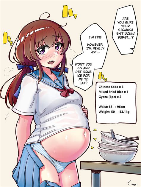 Highres Tagme Translated 1girl Belly Belly Stuffing Brown Hair English Text Overeating