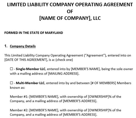 Free Maryland Llc Operating Agreement Templates Word Pdf Excel Tmp