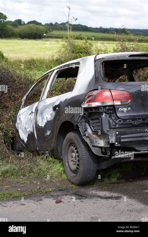 Burned Out Stolen Volkswagen Golf Car Crashed Into A Ditch In Northern