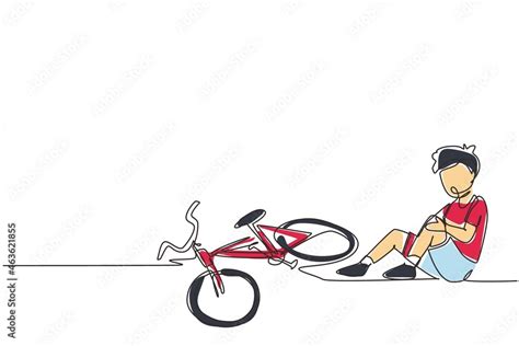 Vetor De Single Continuous Line Drawing Boy Fallen Off Bicycle Bike