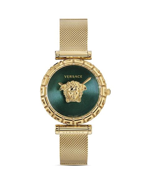 Versace Palazzo Empire Greca Mesh Strap Watch 37mm In Greengold