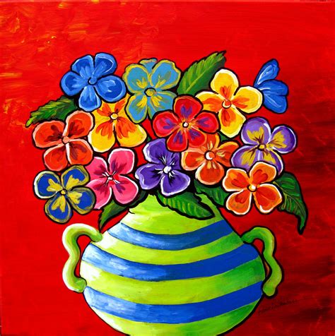 Pansies Fun Floral Whimsical Folk Art Giclee Canvas Print