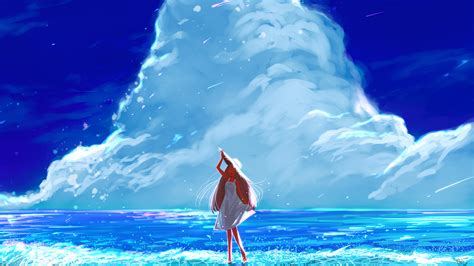 Anime Girl Beach Happy Long Hair Clouds 4k Hd Anime 4k Wallpapers