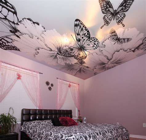 A Girls Bedroom With A Butterfly Graphic Printed On Stretch Ceiling By