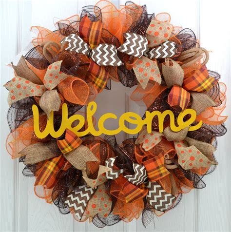 Brown And Orange Mesh Thanksgiving Front Door Wreath With Etsy Fall
