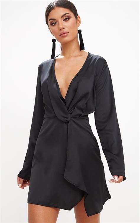 black satin long sleeve wrap dress shop the range of dresses today at prettylittlething