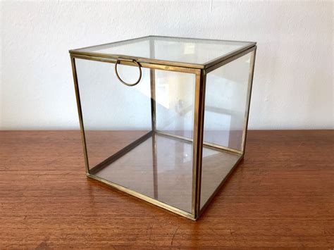 Glass Curio Cube Box Glass Brass Curio Box Glass Display Case W Lid Lidded Glass Brass