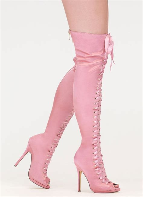 Peep This Satin Lace Up Thigh High Boots Pink Thigh High Boots Boots