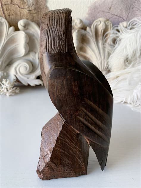 Vintage Wood Eagle Statue Carved Wooden Hawk Sculpture Wood Etsy