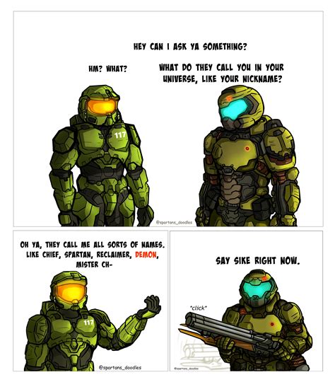 Master Chief And Doom Slayer Asking The Real Questions Art By Spartansdoodles Rhalo