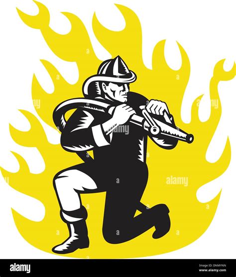 Illustration Of A Fireman Firefighter Kneeling Aim Fire Hose With