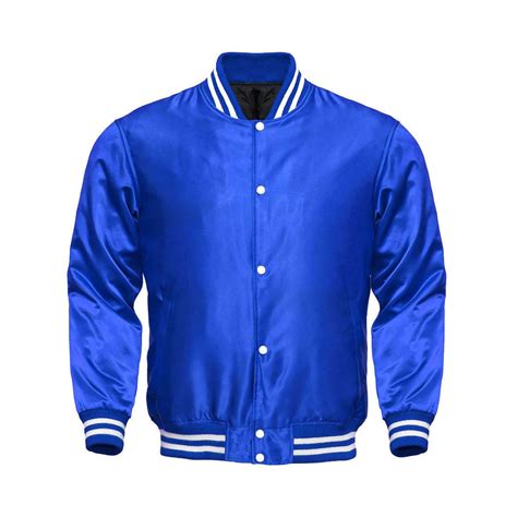 Royal Blue Satin Varsity Letterman Bomber Baseball Jacket Blue And White