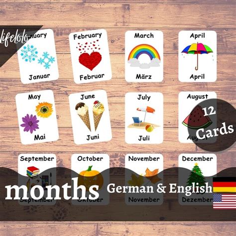 Months Of The Year German Flash Cards 12 Bilingual Cards Etsy