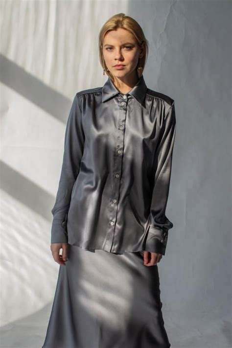 Women Silk Shirt In Silver Grey Silk Blouse Long Sleeve Blouse Etsy Long Blouse Womens Silk