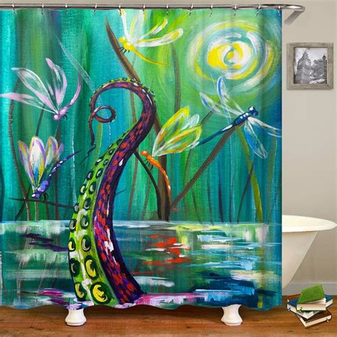 These bath accessories decorate your bathroom with an elegant look. Shower Curtain Set With Hooks Octopus Tial Oil Painting ...