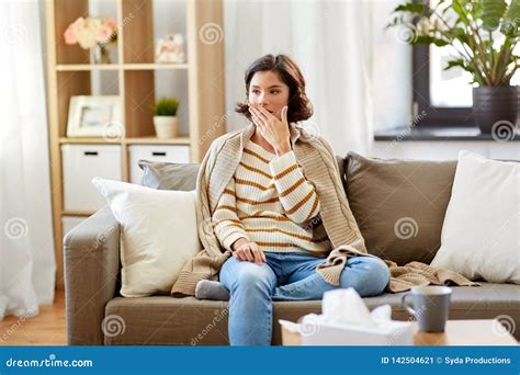 Sick Woman In Blanket Coughing At Home Stock Image Image Of Medicare Respiratory 142504621
