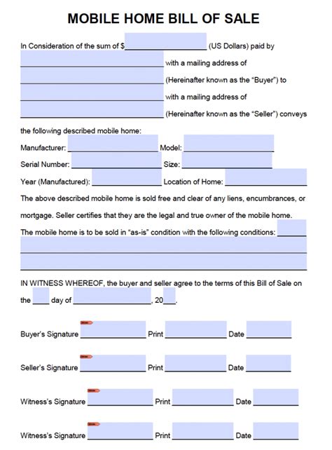 Free Mobile Manufactured Home Bill Of Sale Form Word Free Fillable