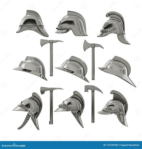 3d Illustration A Set Of Vintage Silver Fire Helmets And Axes