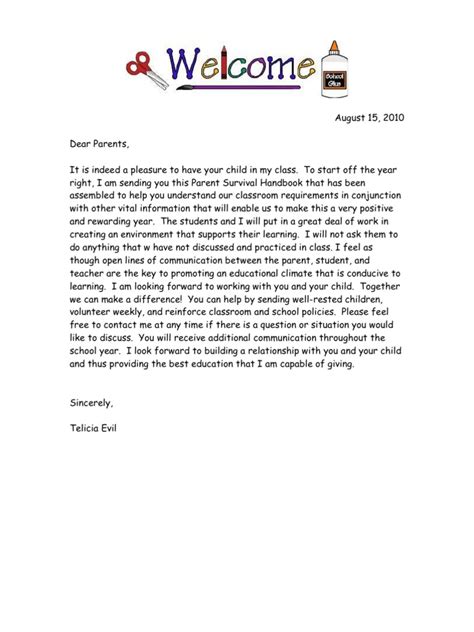 Parent Welcome Letter1telicia2 Homework Teachers