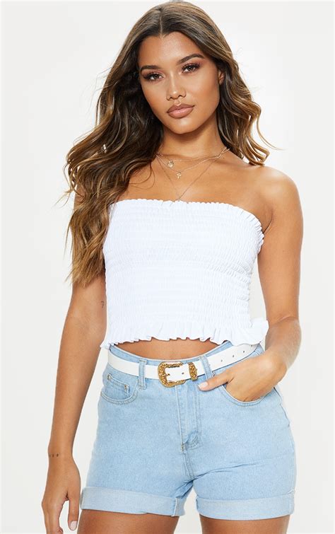 White Shirred Bandeau Crop Top Tops Prettylittlething Usa