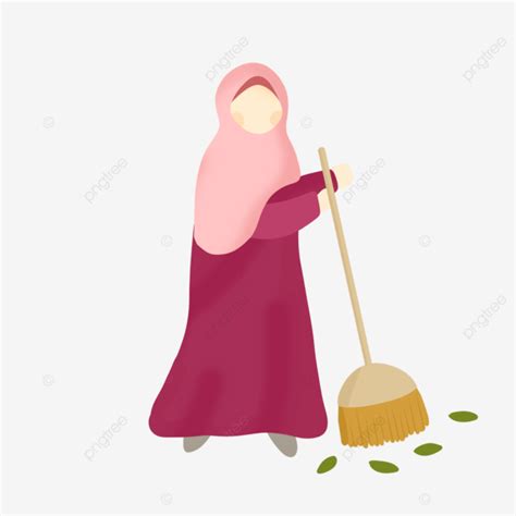 Illustration Of A Muslimah Woman Sweeping The Floor Muslimah Woman Sweeping The Floor Png