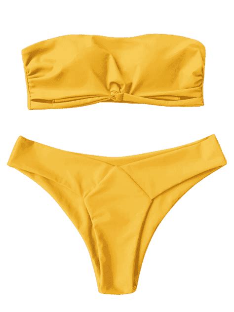 ad knot padded bandeau bikini set yellow sleek and clean bathing suit featuring padded