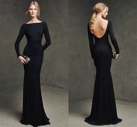 Sexy Black Long Evening Dresses Scalloped Neck Backless Full Sleeves Simple Evening Gowns