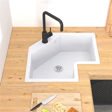 640mm White Drop In Corner Kitchen Sink Modern Single Bowl Quartz
